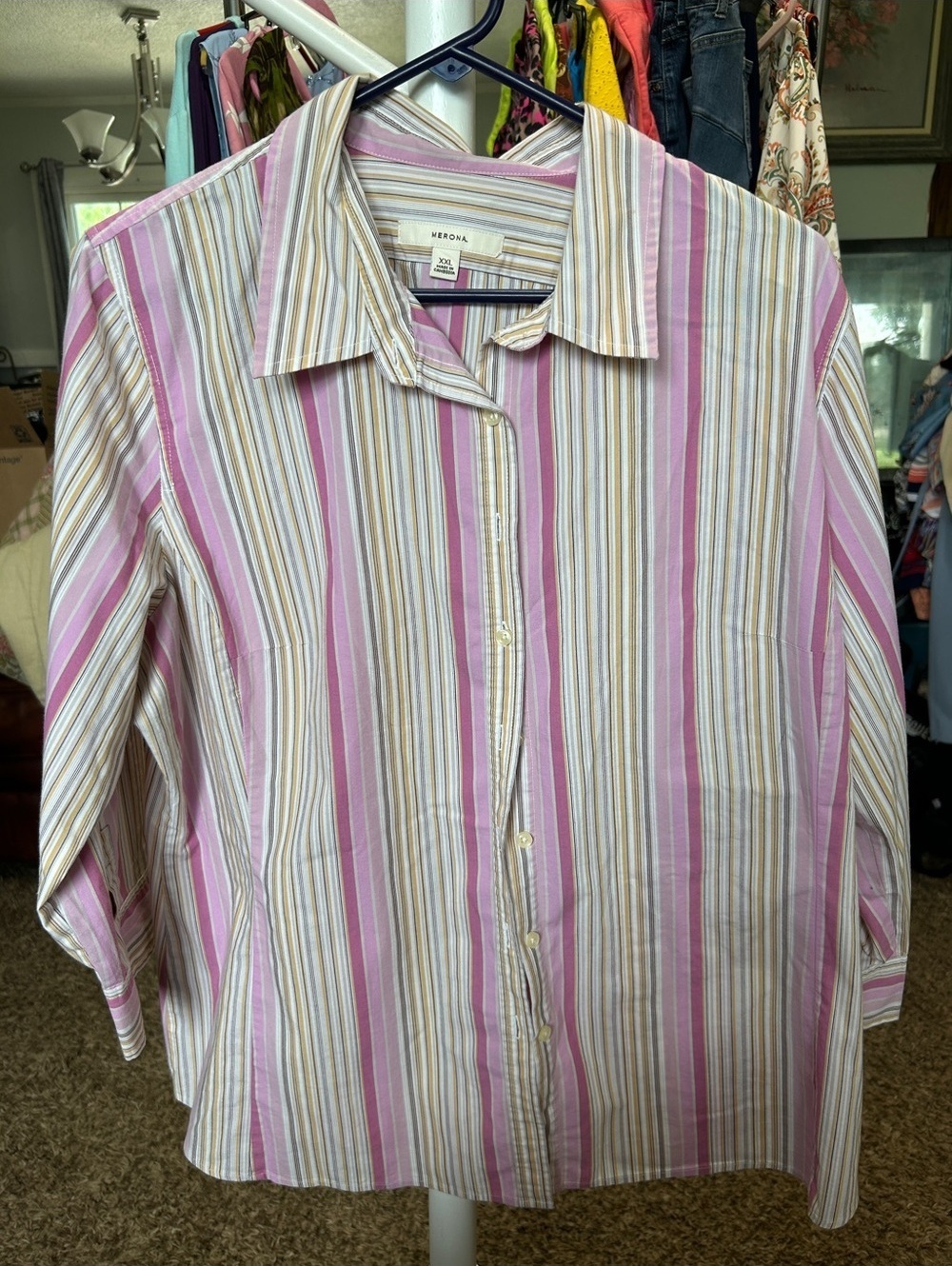 Merona XXL Pink and Beige Striped Button-Up Shirt